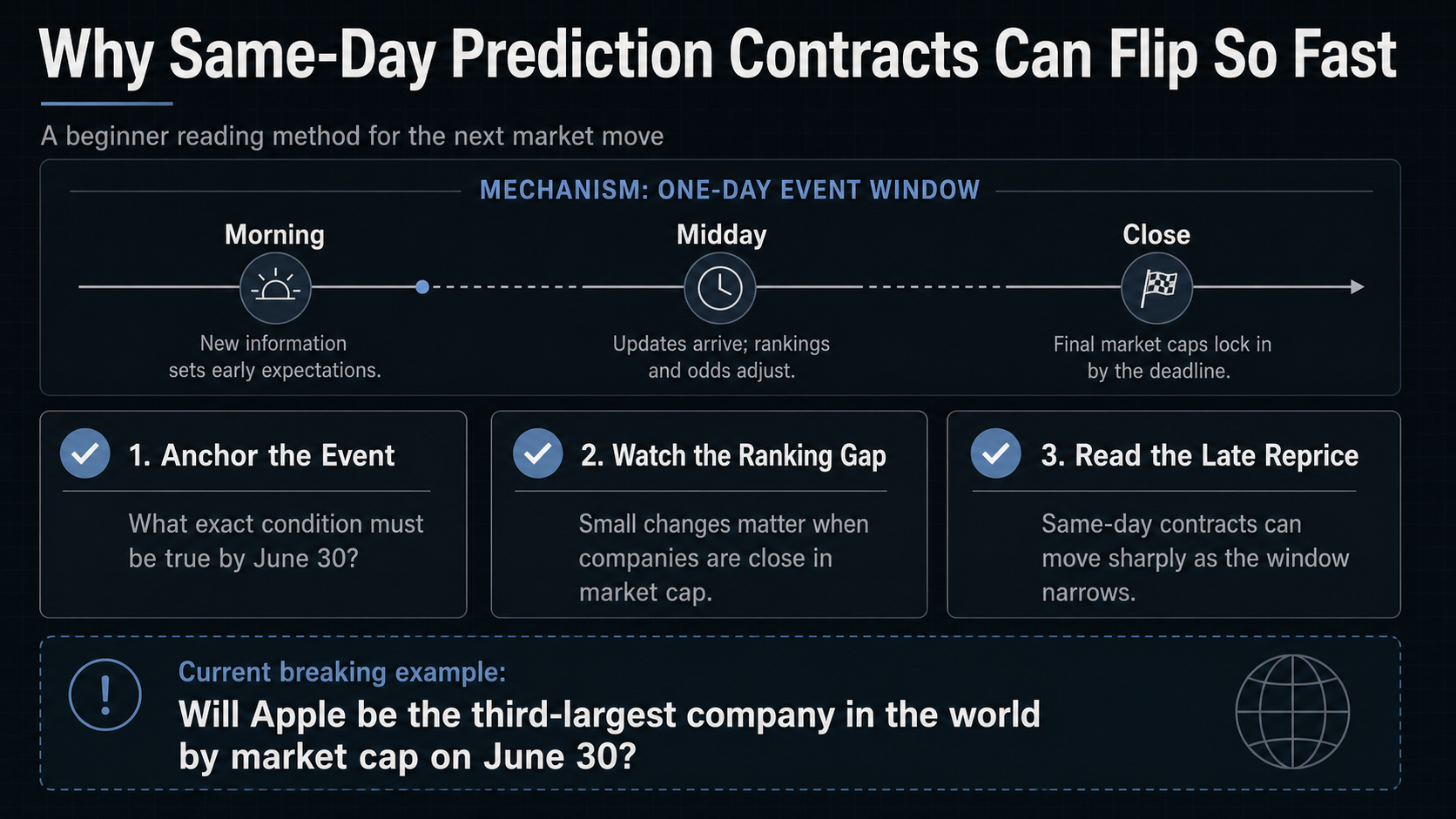 Why Same-Day Prediction Contracts Can Flip So Fast Why Same-Day Prediction Contracts Can Flip So Fast reading method infographic