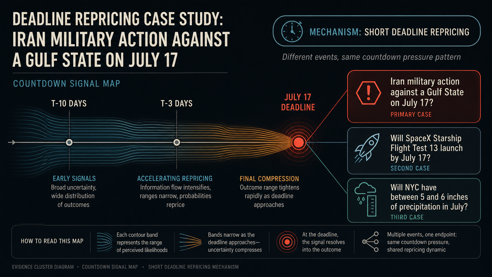 Deadline Repricing Case Study: Iran military action against a Gulf State on July 17 evidence cluster diagram