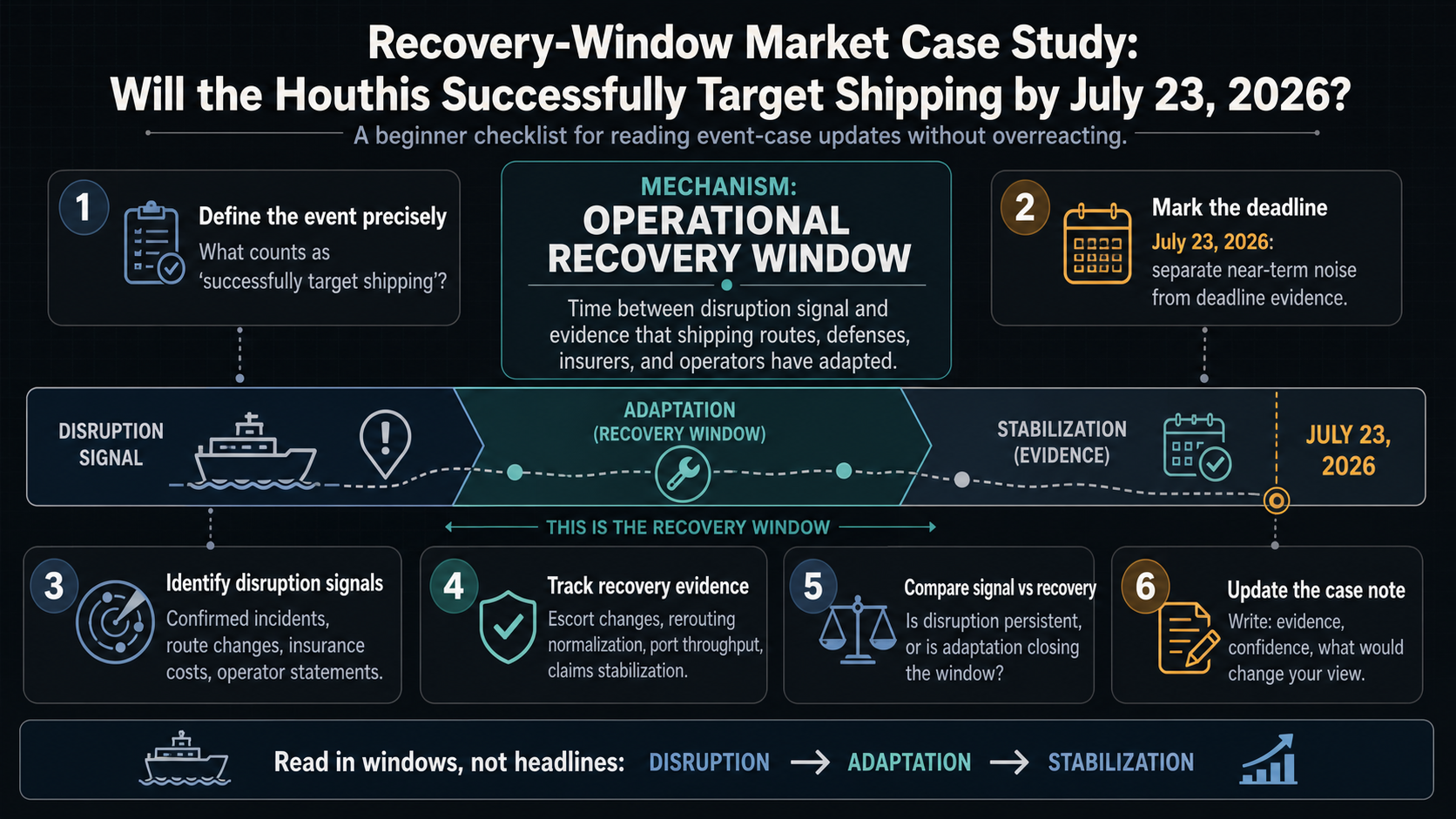Recovery-Window Market Case Study: Will the Houthis successfully target shipping by July 23, 2026 reading method infographic