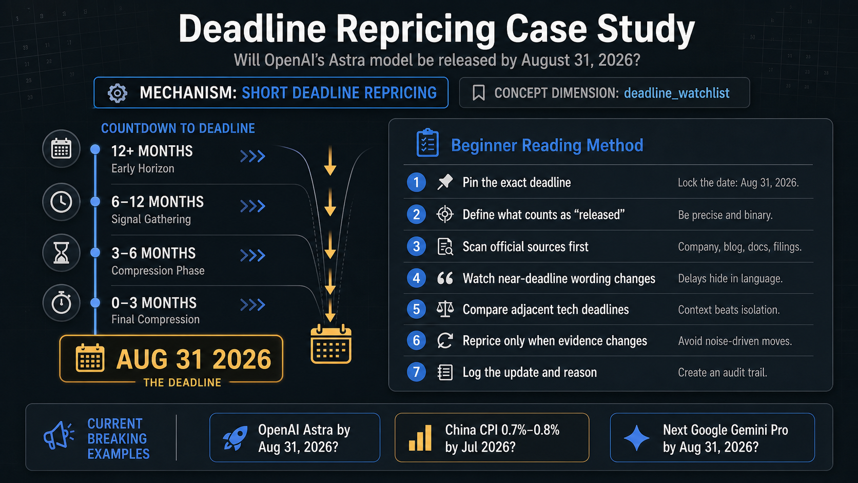 Deadline Repricing Case Study: Will OpenAI’s Astra model be released by August 31, 2026 reading method infographic
