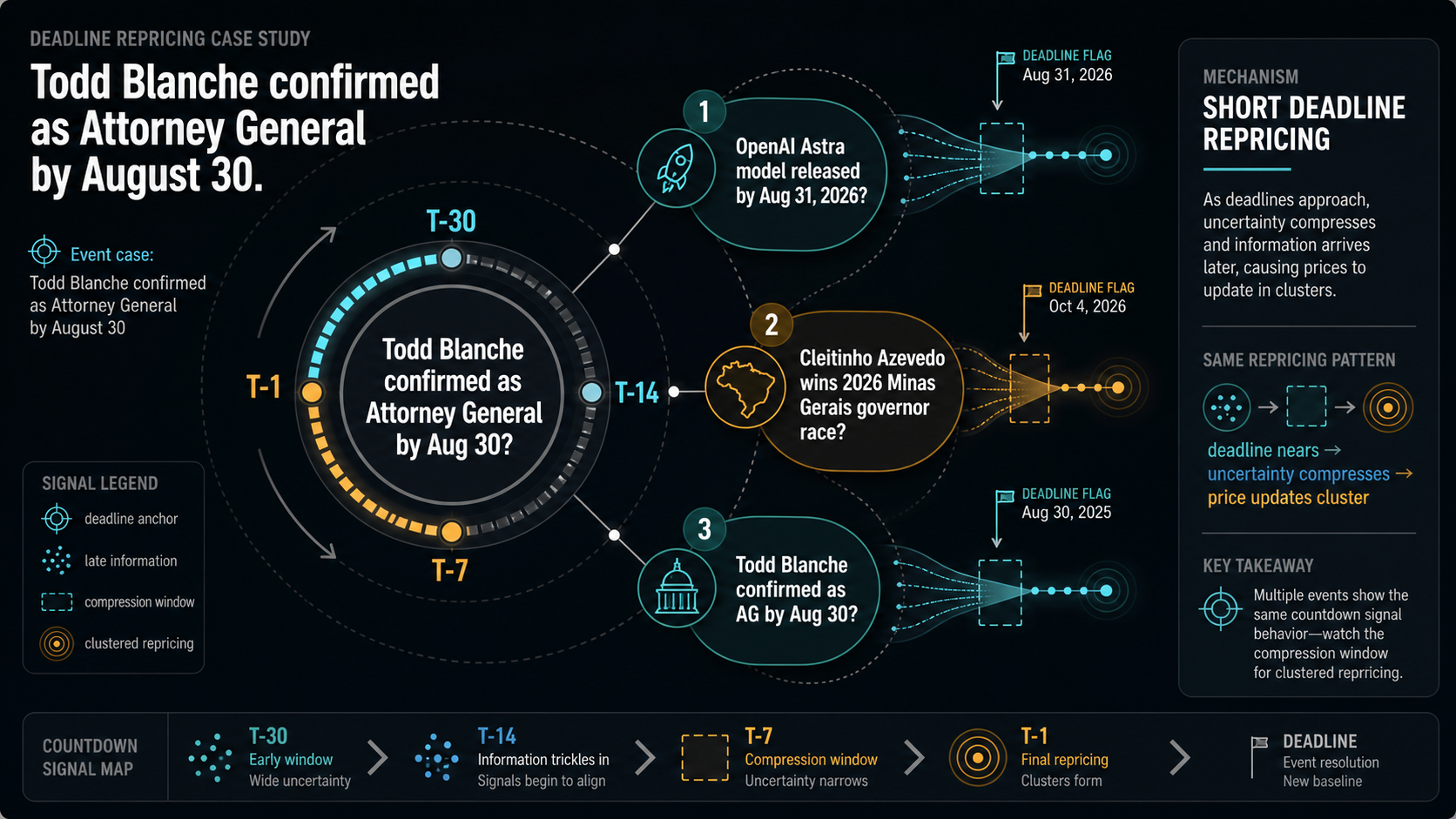Deadline Repricing Case Study: Todd Blanche confirmed as Attorney General by August 30 evidence cluster diagram