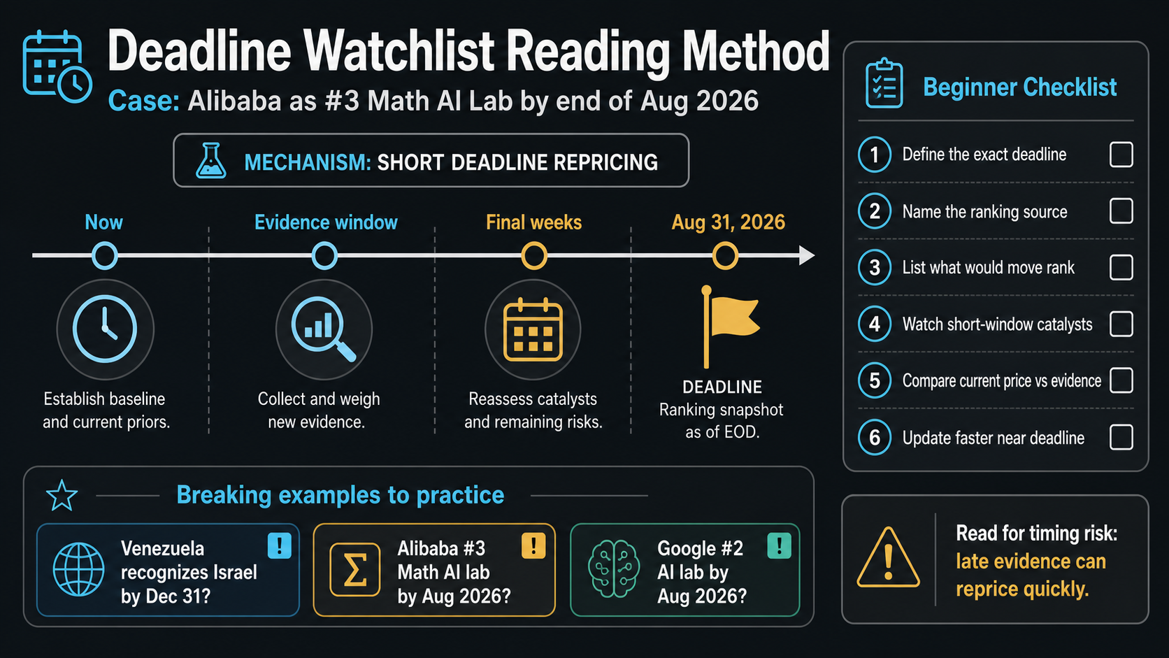 Deadline Repricing Case Study: Will Alibaba be the third-best Math AI lab at the end of August 2026 reading method infographic