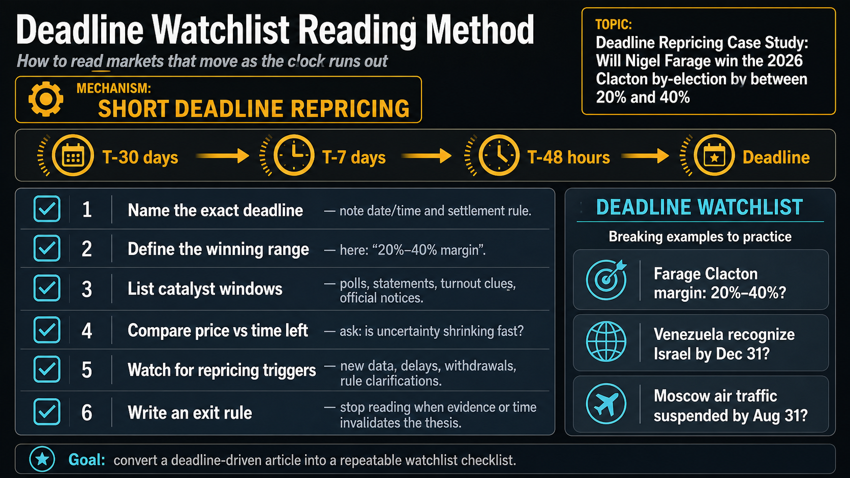 Deadline Repricing Case Study: Will Nigel Farage win the 2026 Clacton by-election by between 20% and 40% reading method infographic